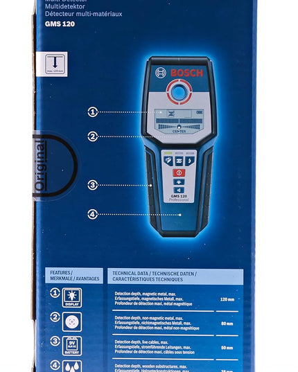 Bosch Professional Stud Finder GMS 120 (Drill Hole Marker, max. Detection Depth Wood/Magnetic Metal/Non-Magnetic Metal/Live Cable: 38/120/80/50 mm, in Cardboard Box)