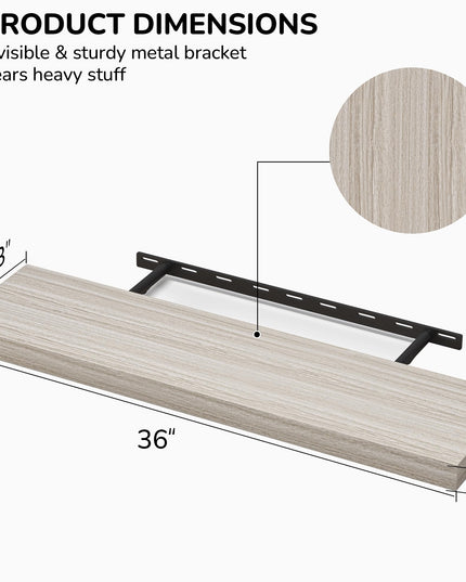 Floating Shelves - 10.3 Inch Deep Wall Shelf for Decor & Storage - Wall Mounted Display Shelving with Invisible Heavy-Duty Metal Bracket - 36" W x 10.3" D x 1.8" H - Set of 1 - Rustic Grey
