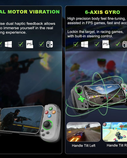 Phone Game Controller for iPhone/Android/PC/Switch, Play COD, Genshin,Support Streaming on PS5/Xbox/PC Console, Cloud Gaming Wireless Gamepad Joystick, Turbo/6-Axis Gyro/Dual Motor, Green Light, White