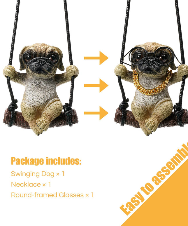 Floruit Swinging Dog Rear View Mirror Accessories for Car, Pug Car Hanging Ornament Car Pendant Cute Car Accessories for Men & Women Cute Car Decor (Black Glasses)