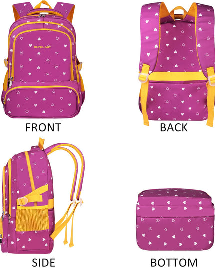 DUPHLAGT Kids Backpack for Girls with Lunch Box, Water Resistant Casual School Bag, Lightweight Elementary Daypack School Backpack for Teen Girls (Purple)