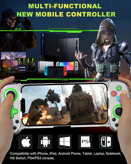 Phone Game Controller for iPhone/Android/PC/Switch, Play COD, Genshin,Support Streaming on PS5/Xbox/PC Console, Cloud Gaming Wireless Gamepad Joystick, Turbo/6-Axis Gyro/Dual Motor, Green Light, White