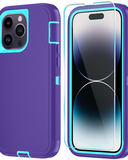 Phone Case for iPhone 14 Pro Max Case with HD Screen Protector, Heavy Duty Shockproof &amp; DustProof &amp; Dropproof 3-Layer Cover Phone Case for iPhone 14 (PurpleSkyBlue)