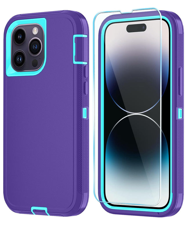 Phone Case for iPhone 14 Pro Max Case with HD Screen Protector, Heavy Duty Shockproof &amp; DustProof &amp; Dropproof 3-Layer Cover Phone Case for iPhone 14 (PurpleSkyBlue)
