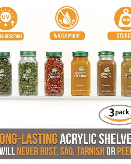 Pretty Display Wall Mounted Spice Rack Shelves [3-Pack] - Clear