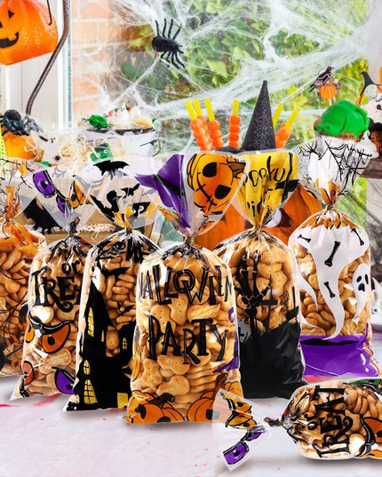 Vellibring 50 PCS Halloween Cellophane Treat Bags – Clear Candy Goodie Bags with Twist Ties for Cookies, Snacks & Party Favors