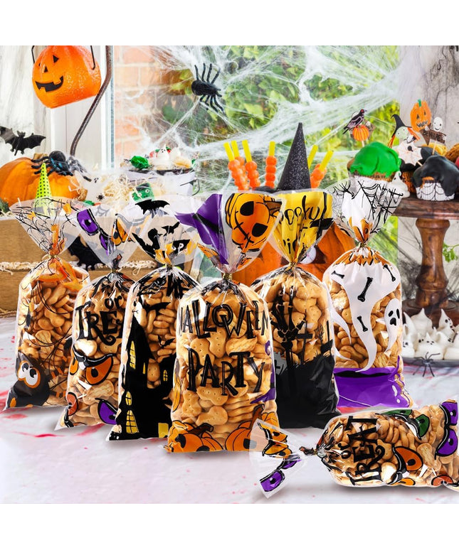 Vellibring 50 PCS Halloween Cellophane Treat Bags – Clear Candy Goodie Bags with Twist Ties for Cookies, Snacks & Party Favors