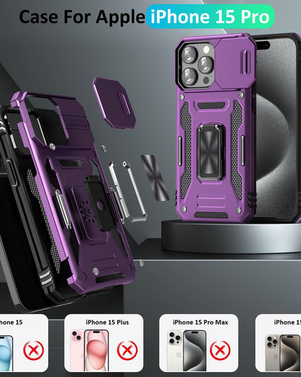 UKLCCU Phone Case for iPhone 15 Pro Case 15 Pro iPhone Phone Case for Women with Camera Cover Slide, Built-in 360° Rotating Kickstand for iPhone 15 Pro - Purple