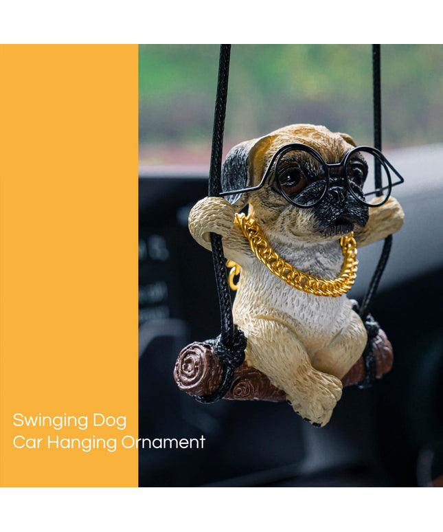 Floruit Swinging Dog Rear View Mirror Accessories for Car, Pug Car Hanging Ornament Car Pendant Cute Car Accessories for Men & Women Cute Car Decor (Black Glasses)