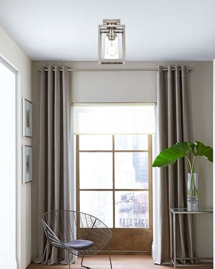 MELUCEE Semi Flush Mount Ceiling Light Brushed Nickel Finish, 1-Light Industrial Island Light Geometric Metal Cage Farmhouse Ceiling Light Fixture for Entryway Porch Bedroom Dining Room