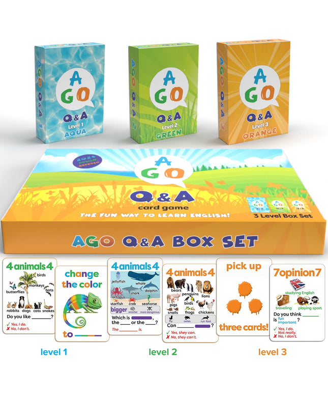 AGO QnA ESL Card Game for Learning English. 3 Level Box Set. Practice English Conversation Through Play!