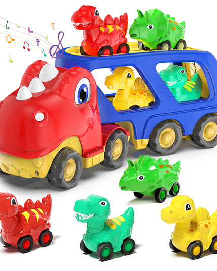Toddler Car Toy for 2 3 4 5 Years Old, Dinosaur Transport Carrier Truck with 4 Pack Small Pull Back Dino Car, Friction Power Vehicle Christmas Birthday Gift for 18M+ Kids Boys Girls