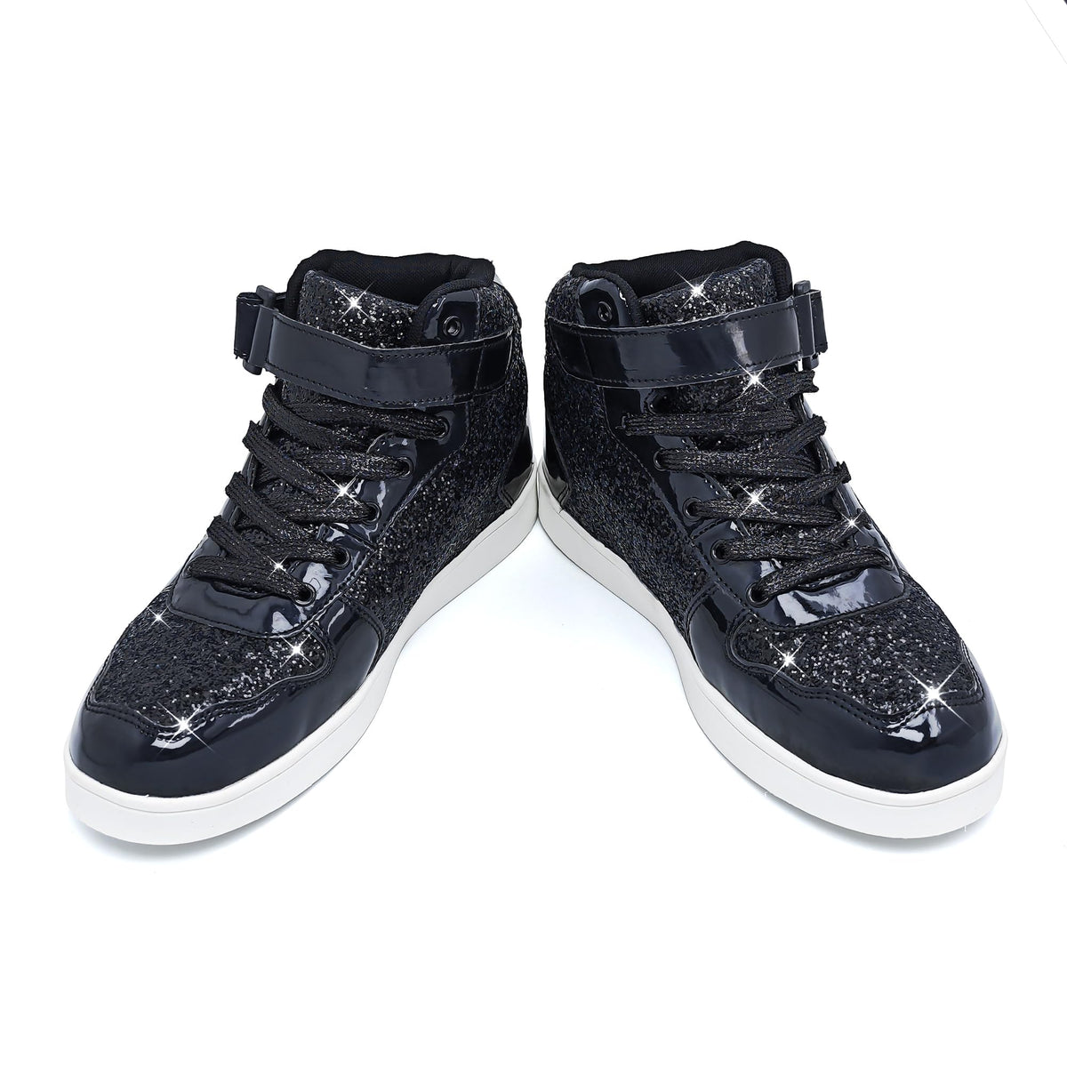 Pair of Wooowyet black glitter high-top sneakers, front view