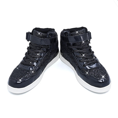 Pair of Wooowyet black glitter high-top sneakers, front view