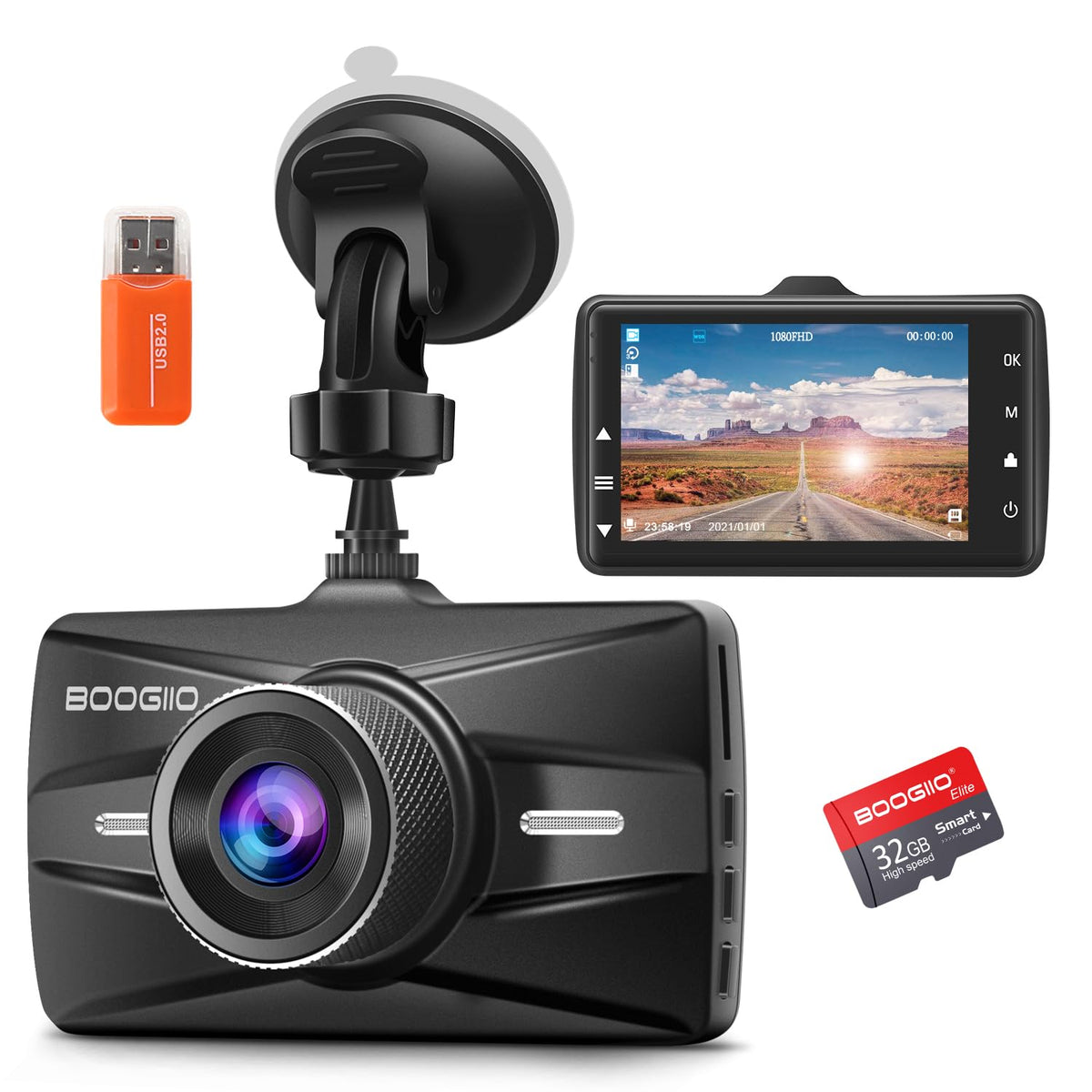 Boogiio Dash Cam Front With 32G Sd Card, 1080P Fhd Car Driving Recorder 3'' Ips Screen 170°Wide Angle Dashboard Camera Aluminum Alloy Case, Wdr G-Sensor Parking Monitor Loop Recording Motion Detection