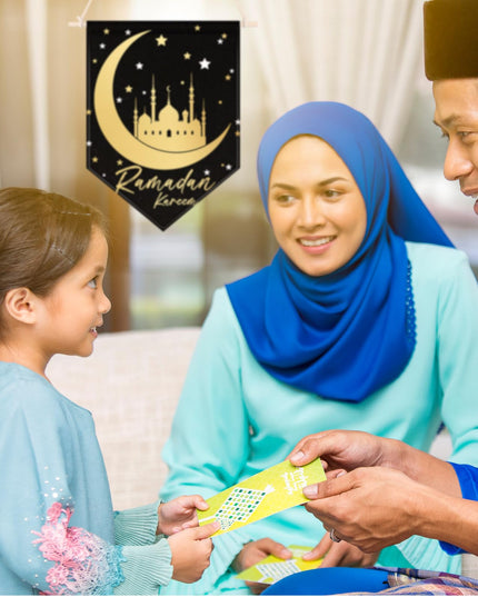 4 Pcs Ramadan Kareem Hanging Door Sign, Eid Mubarak Decorative Ramadan Canvas Sign Party Decorations Welcome Banner for Ramadan Kareem Eid Mubarak Home Door Party Supplies, 14.96 x 11.02 In (Black)