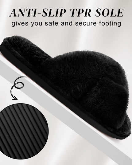 SIZE: 38-39 - Women's Cross Band Slippers Fuzzy Soft House Slippers Plush Furry Warm Cozy Open Toe Fluffy Home Shoes Comfy Indoor Outdoor Slip On Breathable (Black)