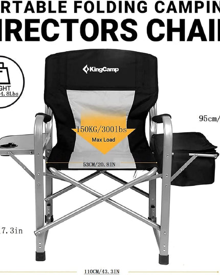 KingCamp Heavy Duty Camping Director Chair Outdoor Folding Chairs for Adults Oversized Camp Chair with Side Table, Cooler Bag, Padded Arms, for Fishing Sports Beach Picnic, Iron, Support 330lbs