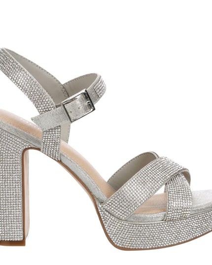 Size: 39 - Maripe Leilani - Women's Open Toe Chunky High Heel Ankle Strap Rhinestone Platform Sandals Silver 2, Size 8.5 Medium Width