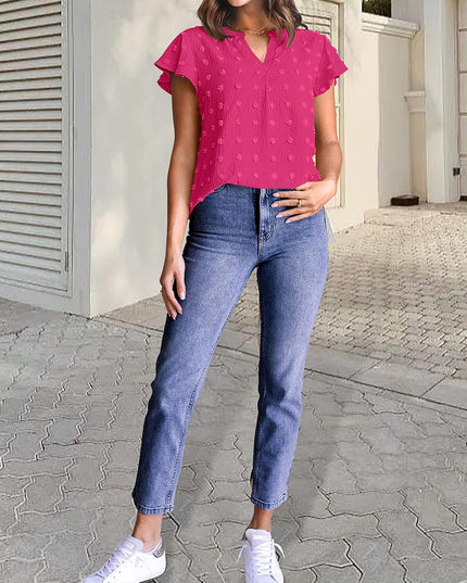 SIZE: 3XL - Fantaslook Women V Neck Flowy Short Sleeve Swiss Dot Blouse Business Casual Loose Shirt Top HotPink Medium