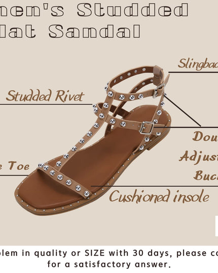 SIZE: 39 - Coutgo Womens Strappy Gladiator Flat Sandal Square Open Toe Studded T Strap Rivet Slingback Buckle Beach Sandals