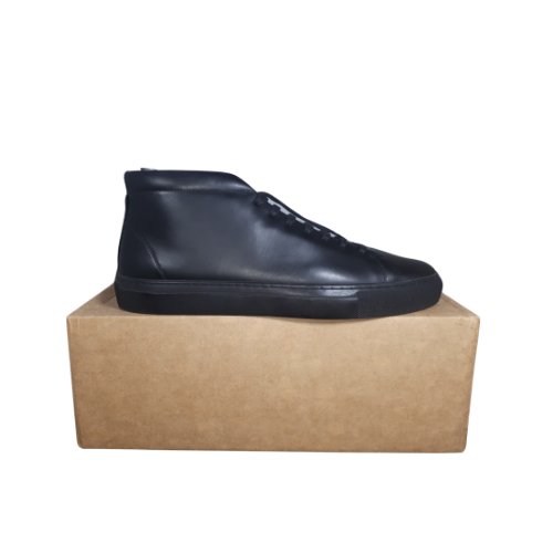 Massimo Dutti black leather high-top sneaker on its box, side view