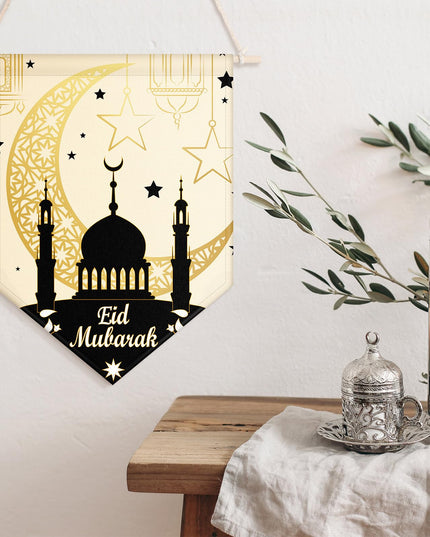 4 Pcs Ramadan Kareem Hanging Door Sign, Eid Mubarak Decorative Ramadan Canvas Sign Party Decorations Welcome Banner for Ramadan Kareem Eid Mubarak Home Door Party Supplies, 14.96 x 11.02 In (Black)