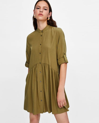 Zara shirt dress with a button-front closure and a tiered hem olive green