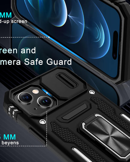 BAHAHOUSES Case for iPhone 15 with Slide Camera Cover, Rotated Ring Kickstand Military Grade Shockproof Protective Cover-Black
