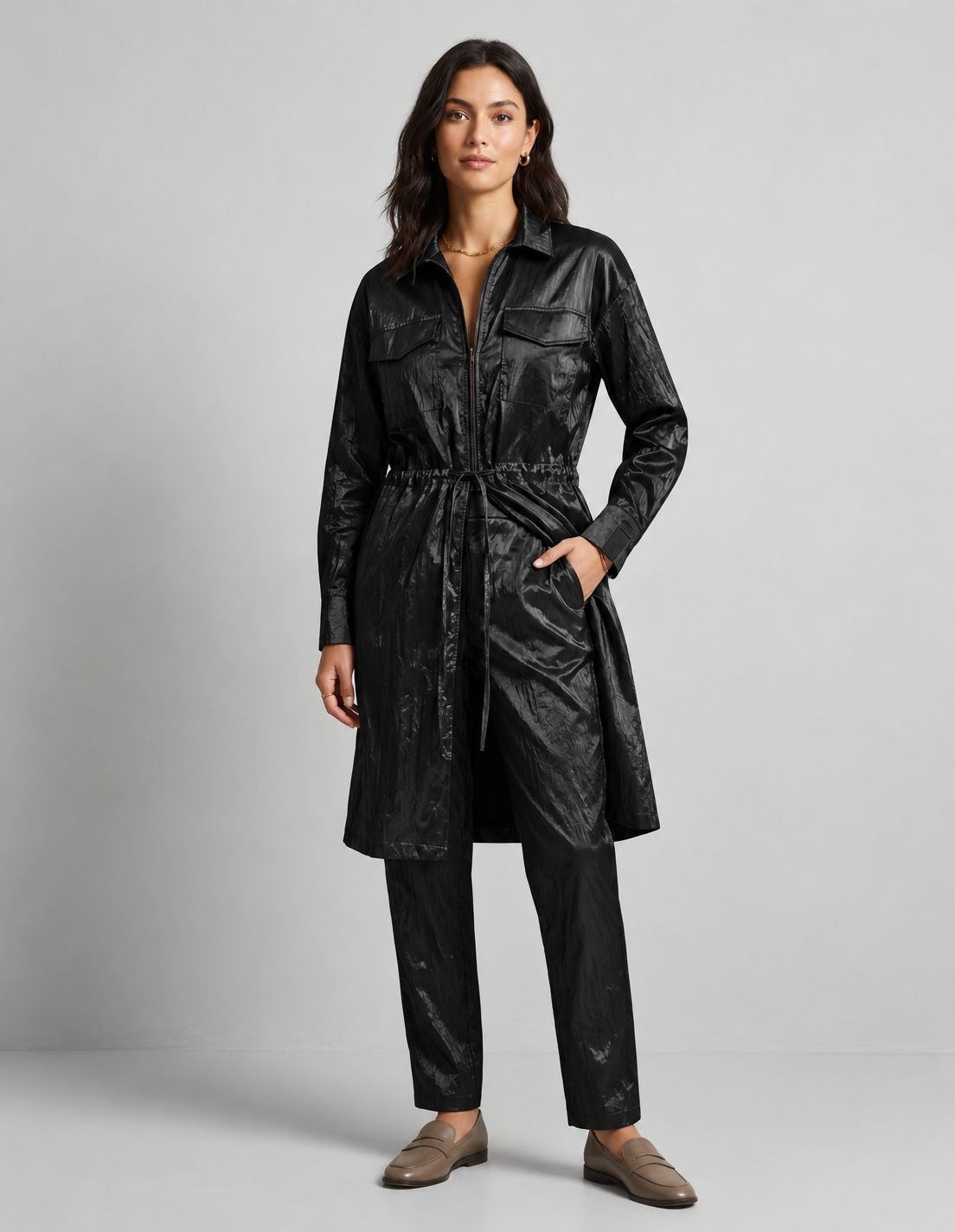 Metallic Shimmer Cargo Utility Two-Piece Set women black color