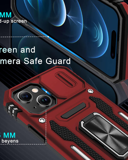BAHAHOUSES Case for iPhone 15 with Slide Camera Cover, Rotated Ring Kickstand Military Grade Shockproof Protective Cover-Red