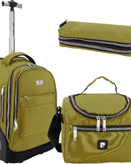 Pierre Cardin Trolley backpack School bag 3 PCS set All in One 2 BIG WHEEL Rolling Backpack Include Pencil case, Lunch bag and trolley backpack UNISEX PC87067 - Brown