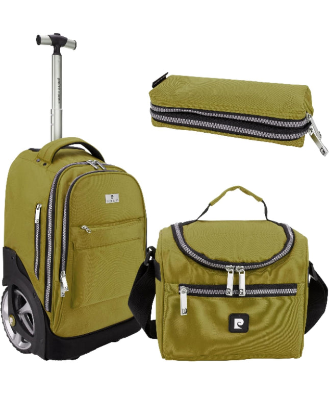 Pierre Cardin Trolley backpack School bag 3 PCS set All in One 2 BIG WHEEL Rolling Backpack Include Pencil case, Lunch bag and trolley backpack UNISEX PC87067 - Brown