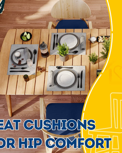 AAAAAcessories D-Shaped Chair Cushions for Dining Chairs with Ties and Removable Cover, 43 cm W x 40 cm L x 5 cm H, Set of 6, Blue