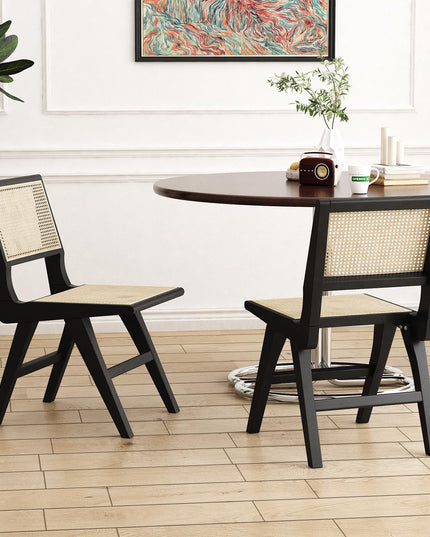 Accent Chair Dining Chairs Set of 2, Solid Wood Frame Boho Rattan Chair, Mid Century Modern Accent Chairs for Living Room Bedroom Dining Room Kitchen (Black)