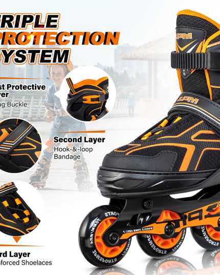 2PM SPORTS Torinx Orange/Red/Green Black Boys Adjustable Inline Skates, Fun Roller Blades for Kids, Beginner Roller Skates for Girls, Men and Ladies