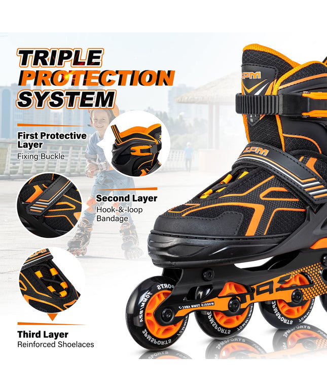 2PM SPORTS Torinx Orange/Red/Green Black Boys Adjustable Inline Skates, Fun Roller Blades for Kids, Beginner Roller Skates for Girls, Men and Ladies