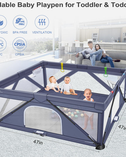 A ALFRESCOOL Baby Playpen, 47"x47"(15.5 sq. ft Space), Foldable Large Playpen for Babies and Toddlers, Indoor & Outdoor Baby Activity Center with Gate & Breathable Mesh, Anti-Fall Portable Play Pens