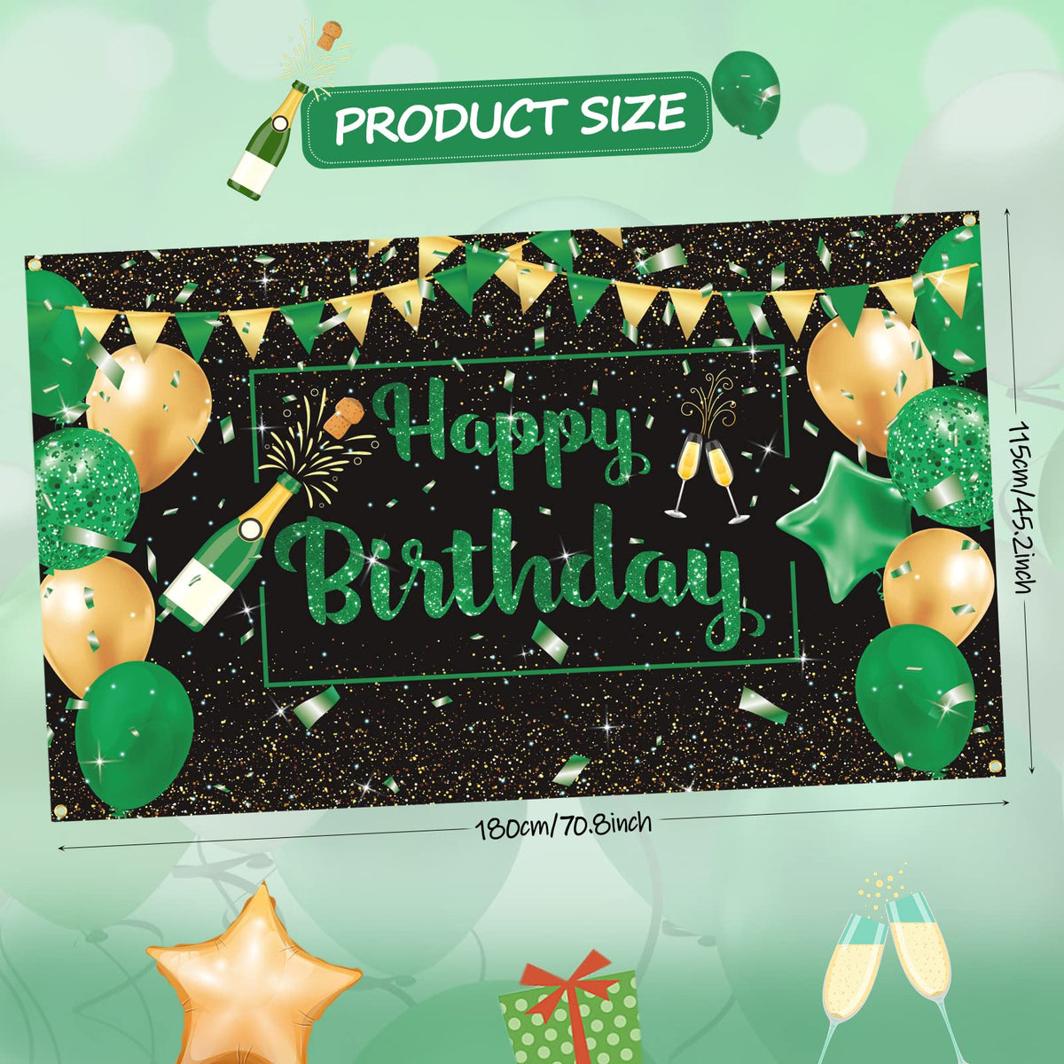 Green Black Gold Birthday Party Decoration Banner, Green Black Happy Birthday Backdrop Banner, Large Green Black Gold Birthday Banner Photography Background Party Decoration for Men Women Boys Girls