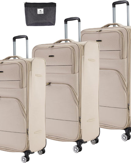 Pierre Cardin Softside Luggage Set of 3 Extra Large Size, Premium and Lightweight Fabric Material Suitcase, ANTI Theft Double Zipper, Expandable, 4 Double Wheels (Beige)