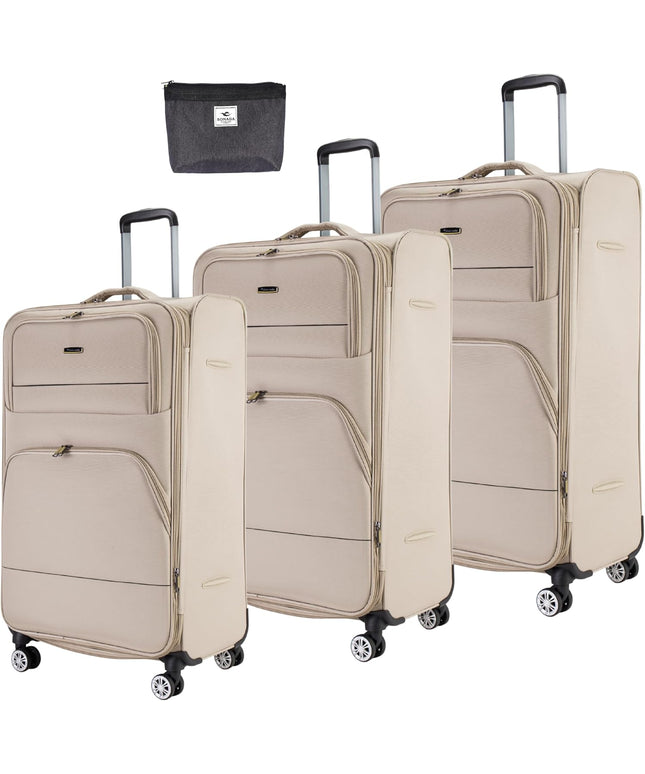 Pierre Cardin Softside Luggage Set of 3 Extra Large Size, Premium and Lightweight Fabric Material Suitcase, ANTI Theft Double Zipper, Expandable, 4 Double Wheels (Beige)