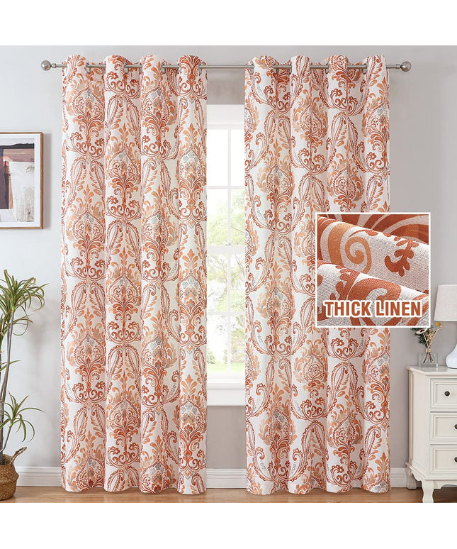 H.VERSAILTEX Linen Curtains 160 cm Length 2 Panels, Terry Red, Floral Pattern