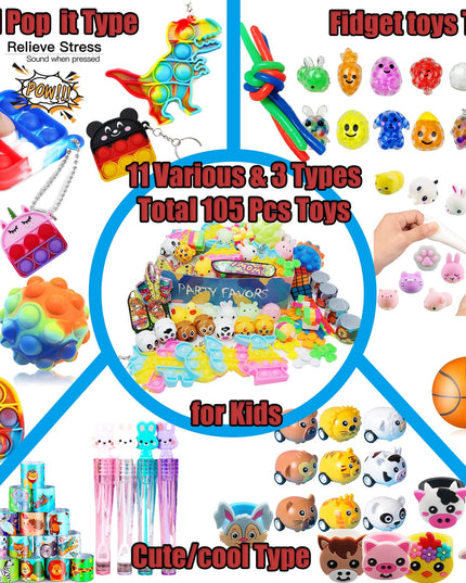 105 PCS Assortment Party Favors Toys for kids, Premium Mini Ctue Favors for All Ages kids Grils,Prize Box Toys,Goody Bag Fillers,pinata stuffers,Carnival Prizes for Boys and Girls 4-10