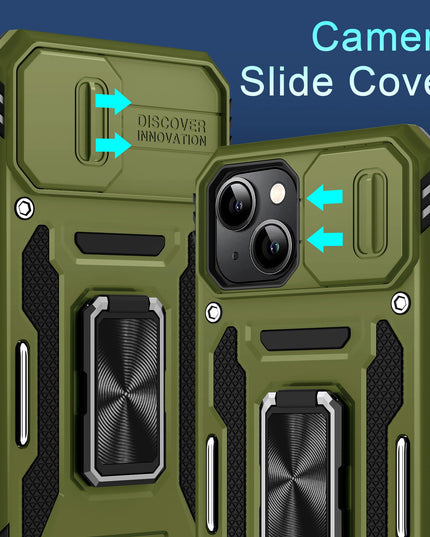 BAHAHOUSES Case for iPhone 15 with Slide Camera Cover, Rotated Ring Kickstand Military Grade Shockproof Protective Cover-Olive Green