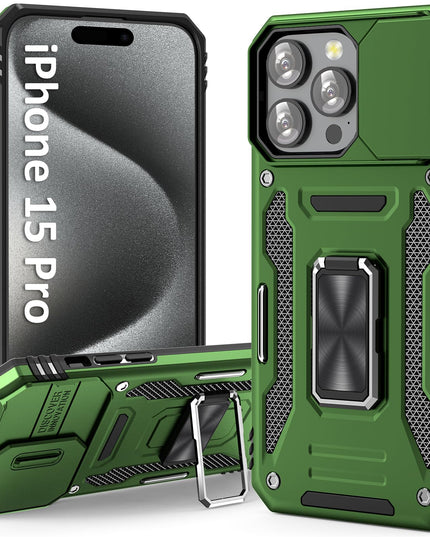 UKLCCU Case for 15 Pro iPhone Phone Case iPhone 15 Pro Case for Men with Slide Camera Cover, Built-in 360° Rotate Ring Stand for iPhone 15 Pro - Olive Green