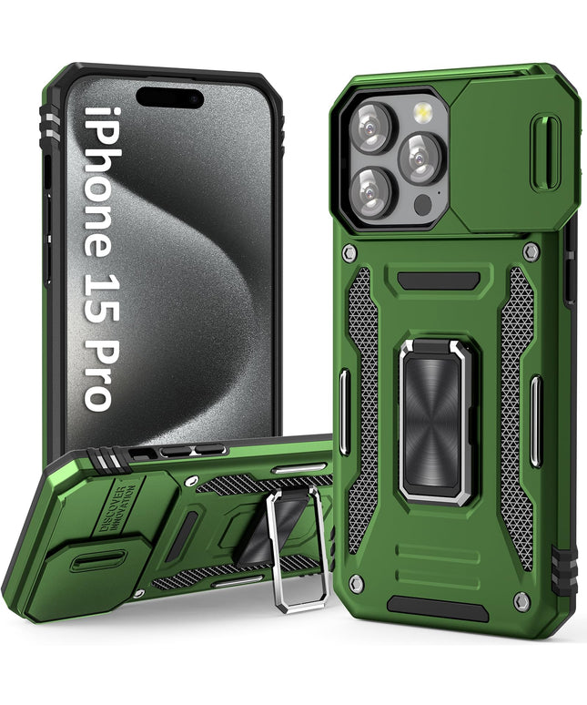 UKLCCU Case for 15 Pro iPhone Phone Case iPhone 15 Pro Case for Men with Slide Camera Cover, Built-in 360° Rotate Ring Stand for iPhone 15 Pro - Olive Green