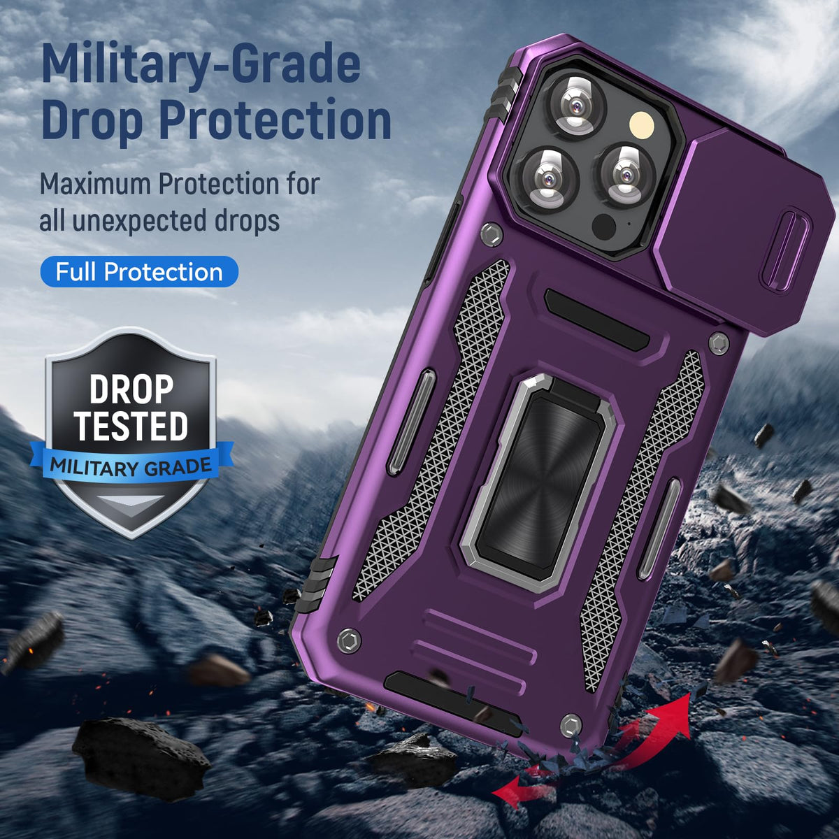 Purple UKLCCU iPhone 15 Pro case military-grade drop protection graphic