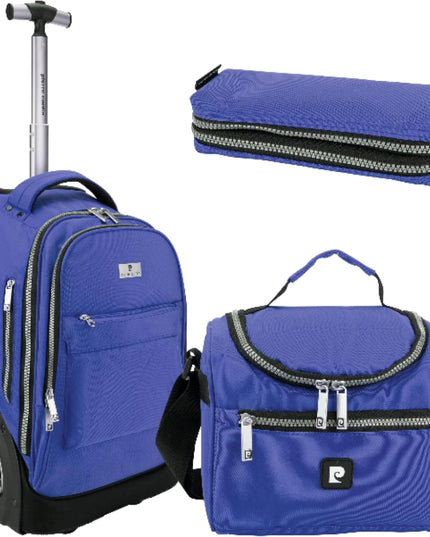 Pierre Cardin Trolley backpack School bag 3 PCS set All in One 2 BIG WHEEL Rolling Backpack Include Pencil case, Lunch bag and trolley backpack UNISEX PC87067-Navy