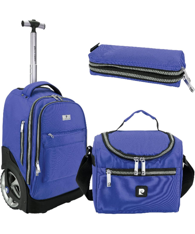 Pierre Cardin Trolley backpack School bag 3 PCS set All in One 2 BIG WHEEL Rolling Backpack Include Pencil case, Lunch bag and trolley backpack UNISEX PC87067-Navy