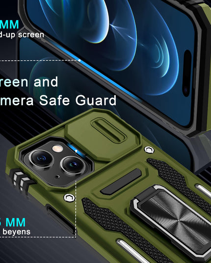 BAHAHOUSES Case for iPhone 15 with Slide Camera Cover, Rotated Ring Kickstand Military Grade Shockproof Protective Cover-Olive Green